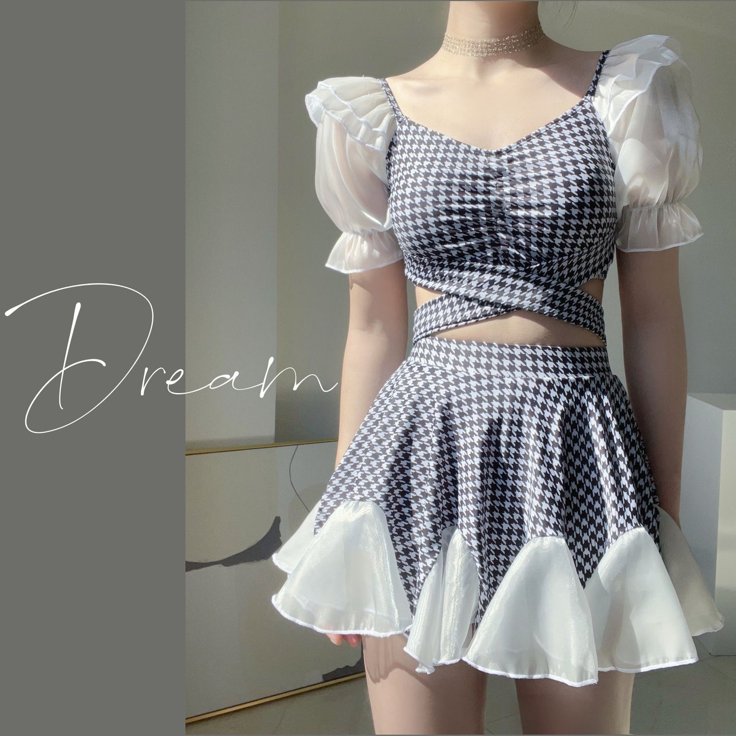 chiffon check one-piece