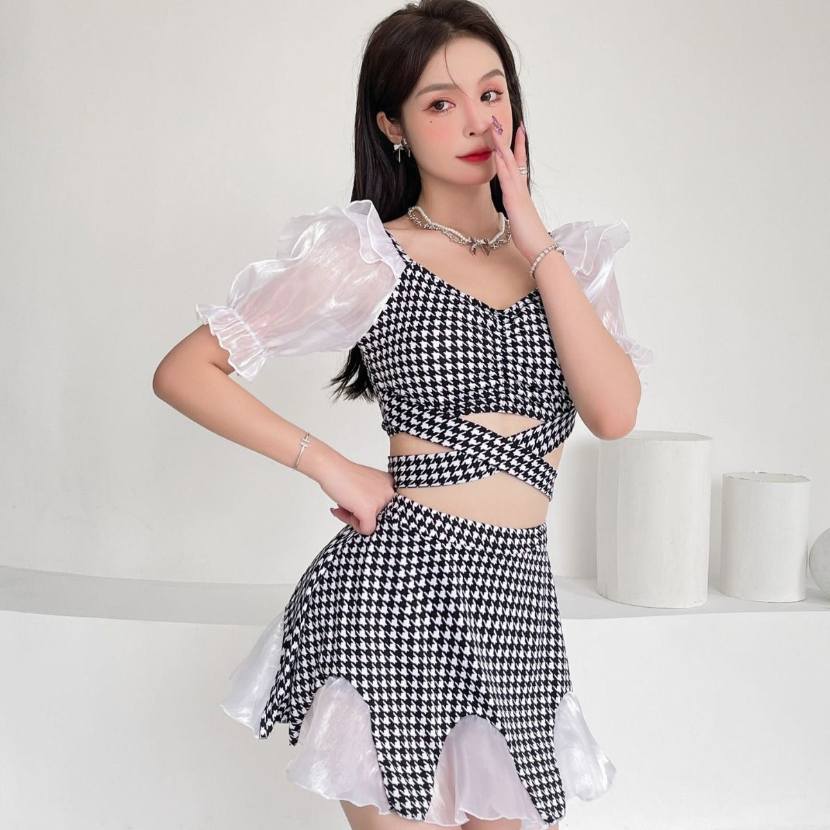 chiffon check one-piece